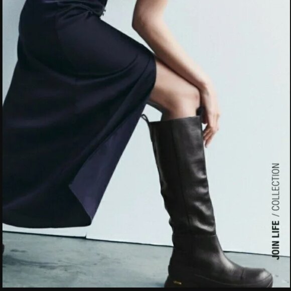 NWT Zara Vibram Black Knee-High Leather Lug Sole Boots Size 37 - Picture 10 of 10